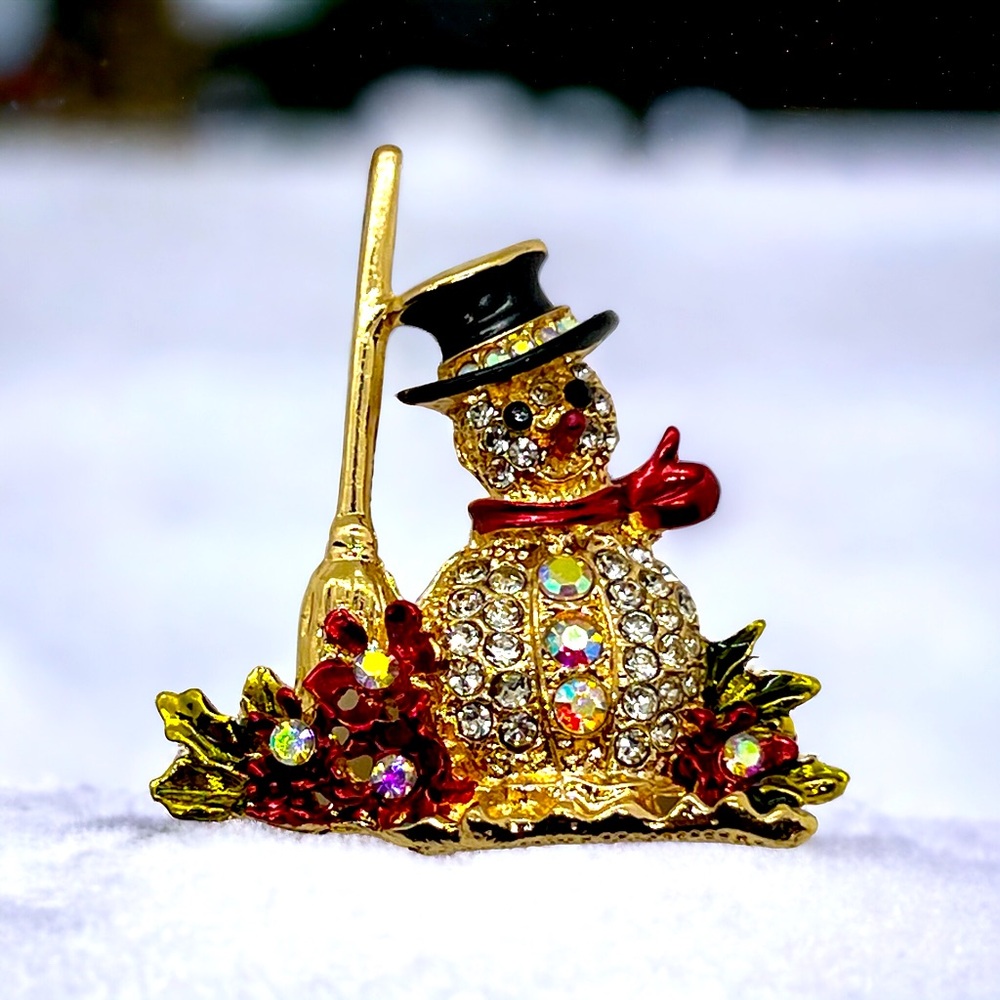 Snowman Christmas Brooch Pin Rhinestone Encrusted Holiday Xmas Accessories
